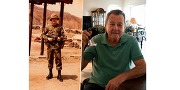 Side-by-side photo showing a man in military uniform holding a rifle as a young soldier and the same man older, sitting indoors holding a small bell.