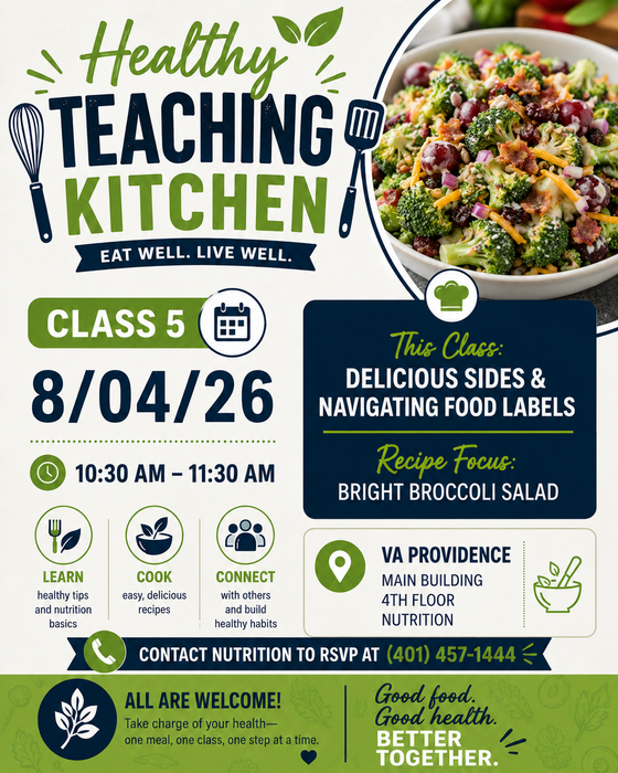 Take part in VA Providence's Healthy Teaching Kitchen and learn how to make Bright Broccoli Salad.