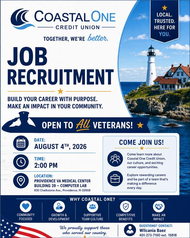 Learn about job opportunities at CoastalOne Credit Union through VA Providence's Employment Resource Center.