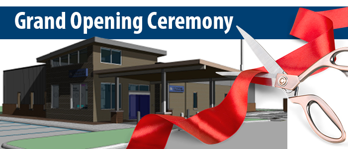 Illustrated render of the new Lewistown VA Clinic with a red ribbon being cut by scissors. Text reads: Grand Opening Ceremony.