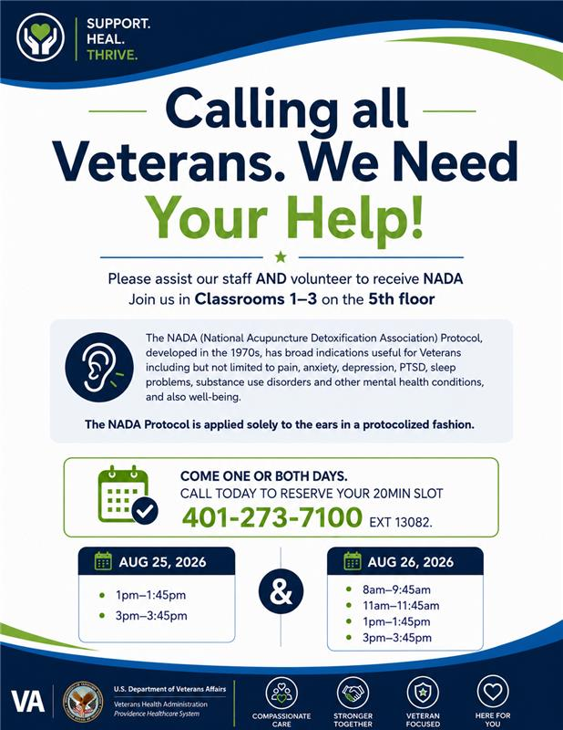 Take part in VA Providence's National Acupuncture Detoxification Association Protocol.