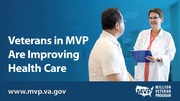 Veteran patient consulting with a smiling medical provider holding a clipboard, highlighting MVP's role in health care.