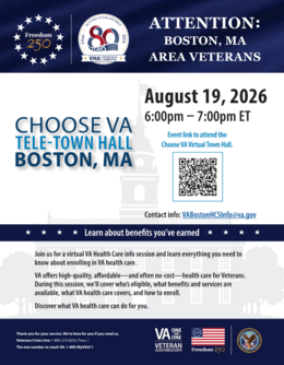 Flyer: Join the Choose VA Virtual Town Hall, 6:00 - 7:00 p.m. Aug. 19, 2026, for unenrolled Veterans to provide info and answer questions.