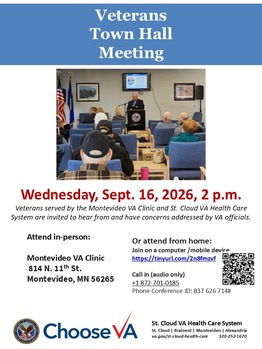Veterans Town Hall Montevideo VA Clinic Wednesday September 16, 2026, at 2 p.m.