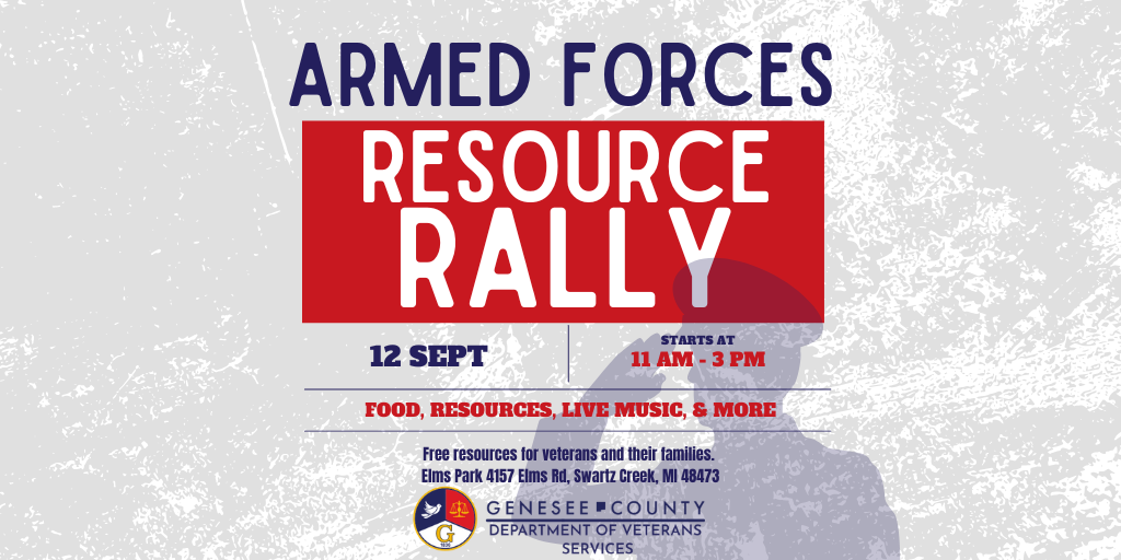 Genesee County Armed Forces Resource Rally flyer with silhouette of a man in uniform saluting. 