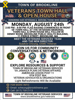 Flyer: Brookline Veterans Town Hall & Open House — Aug. 24, 2026, 2:00 – 4:00 p.m., Denny Room, Public Health Building, 11 Pierce St.