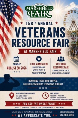 Flyer: Veterans Resource Fair, Sunday, Aug. 30, 2026, from 12:00 to 4:00 p.m. at the Marshfield Fairgrounds.