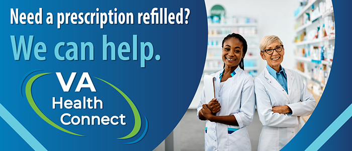 2 pharmacists smile standing back to back. Pharmacy with shelves of meds in the background. Text reads: Need a prescription filled? We can help.