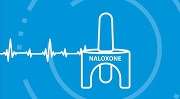Graphic of a naloxone nasal spray device with a heartbeat line on a blue circular background.