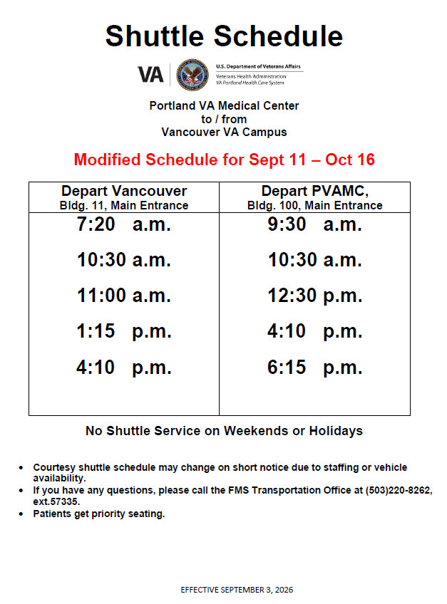 Modified Shuttle Schedule
