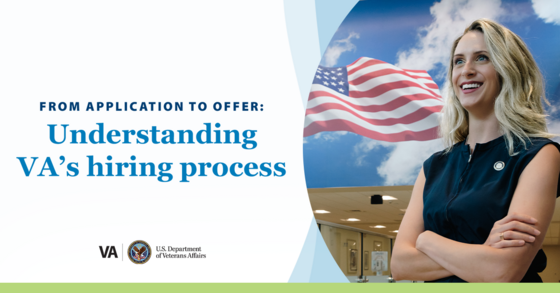 Illustrated text that reads: From application to offer, understanding V A's hiring process.