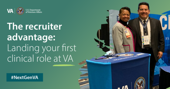 Illustrated text that reads: The recruiter advantage, landing your first clinical role at V A.