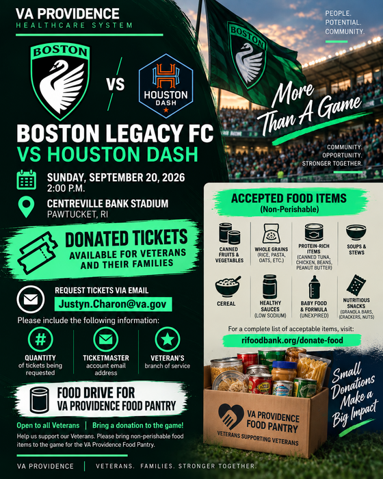 Help Support the VA Providence Food Pantry during the upcoming Boston Legacy FC match!