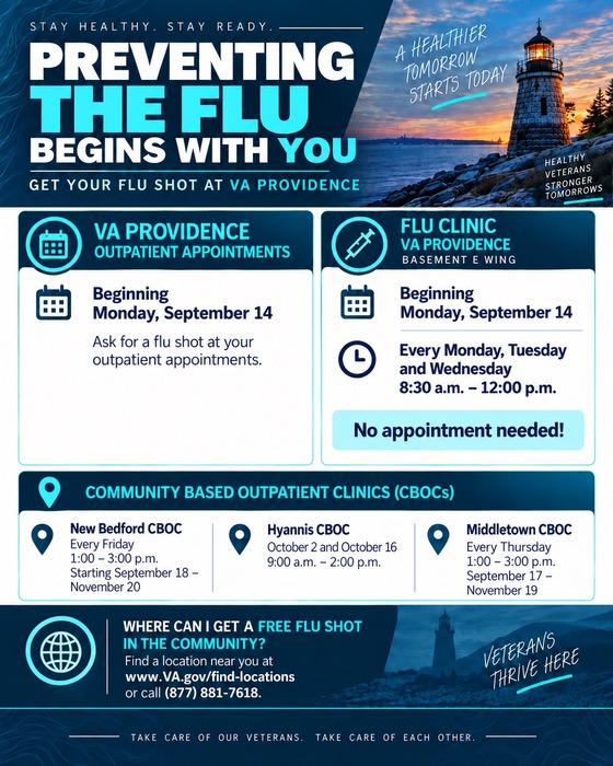 VA Providence is offering multiple opportunities for Veterans to receive their flu vaccination this season.