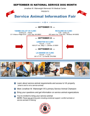 Flyer announcing service animal events at the Lewiston and La Grande VA Clinics