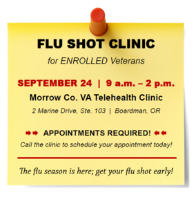 Flu shot clinic announcement for the Boardman / Morrow Co. VA Clinic for Sept. 24