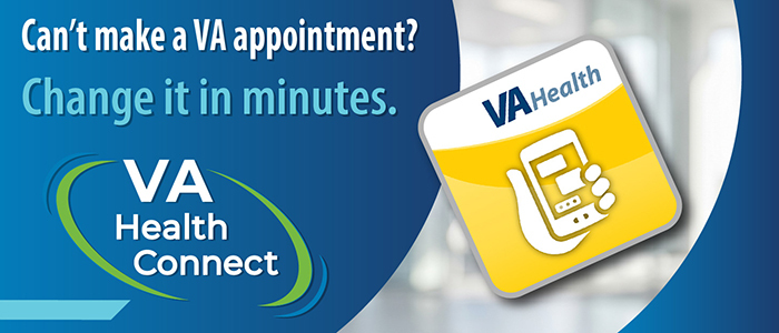 VA Health mobile app icon with text that reads: Can't make a VA appointment? Change it in minutes. VA Health Connect.