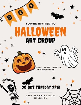 Flyer: Join us Tuesday, Oct. 20 at 2:00 p.m. in the Building 4 basement, Brockton VA campus for pumpkin‑making, ghost‑crafting & spooky fun.