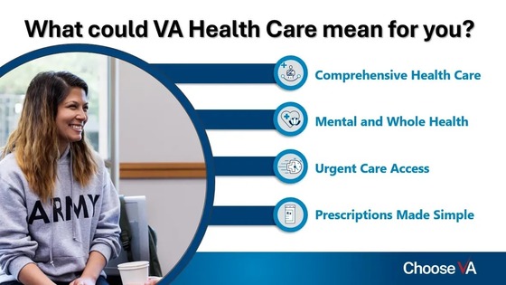 Smiling woman in Army sweatshirt sitting beside a list of VA Health Care benefits including comprehensive care and urgent access.