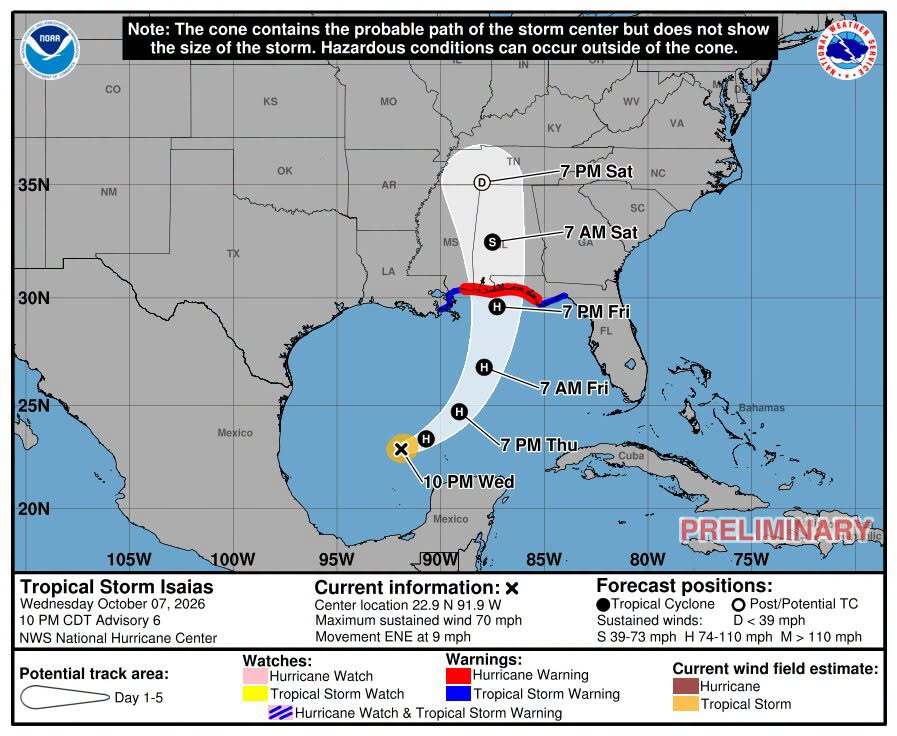 Preliminary forecast map for Tropical Storm Isaias dated Oct. 7, 2026, at 10 p.m. CDT.