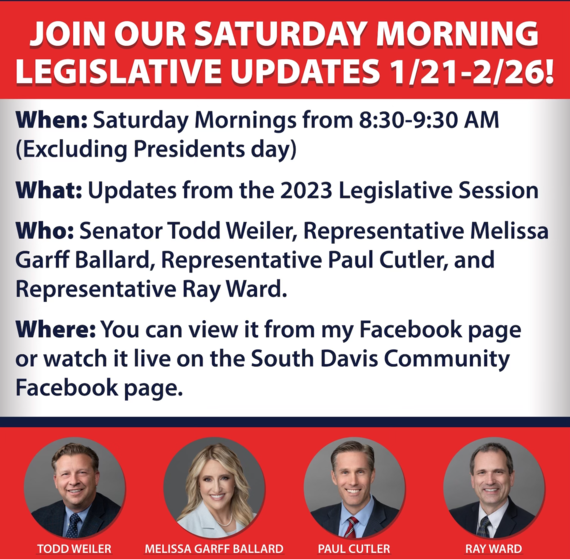 Infographic displaying information about the Townhall (every Saturday morning 8:30-9:30 AM on the South Davis Community Facebook page) 