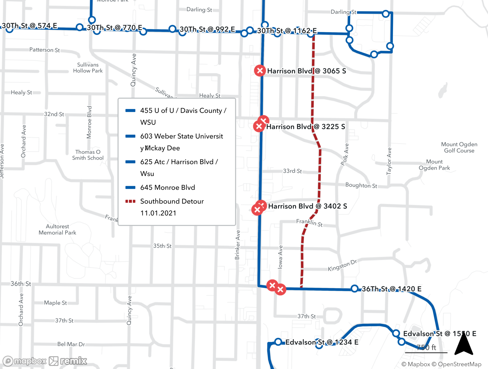 Routes 455, 603, 625, and 645 Detour Map 11.01.2021