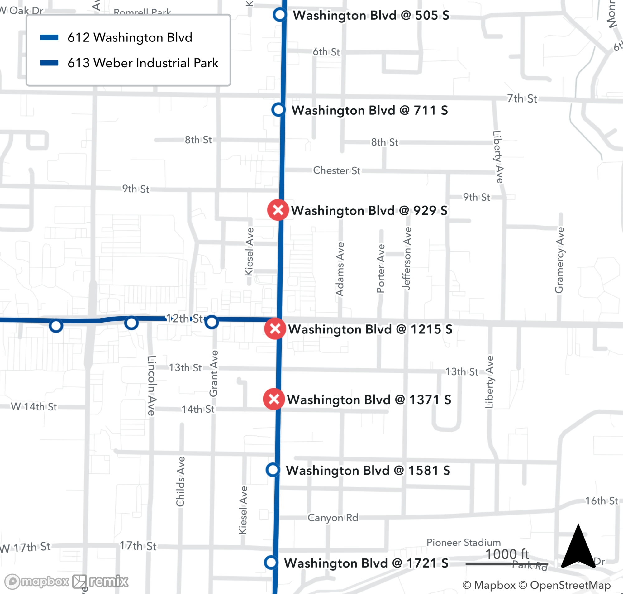 Route 612 & 613 Stop Closure Map
