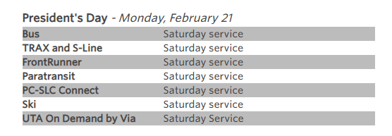 President's Day Schedule