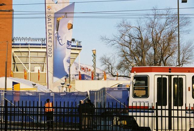 TRAX Red Line passes by Stadium during 2002 Winter Olympics