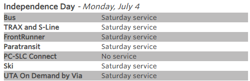 July 4 Holiday Service Schedule