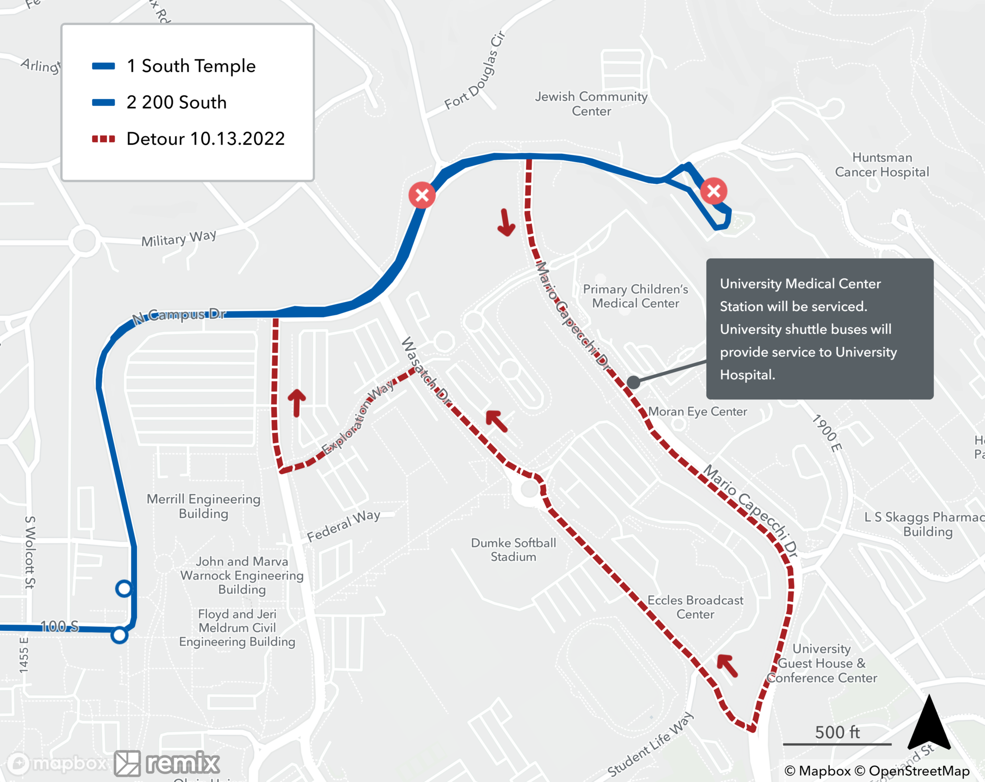 Routes 1+2 detour map 10/13/22