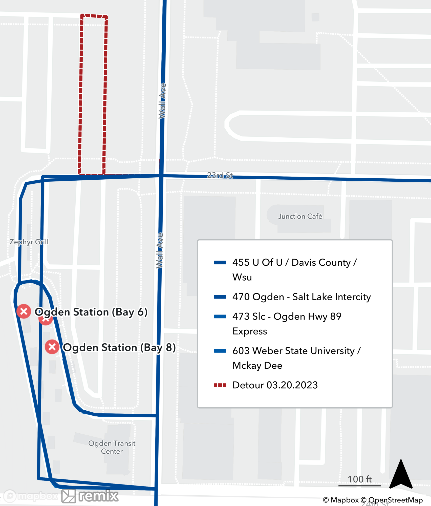 Ogden Transit Center Detour Map March 18th, 2023