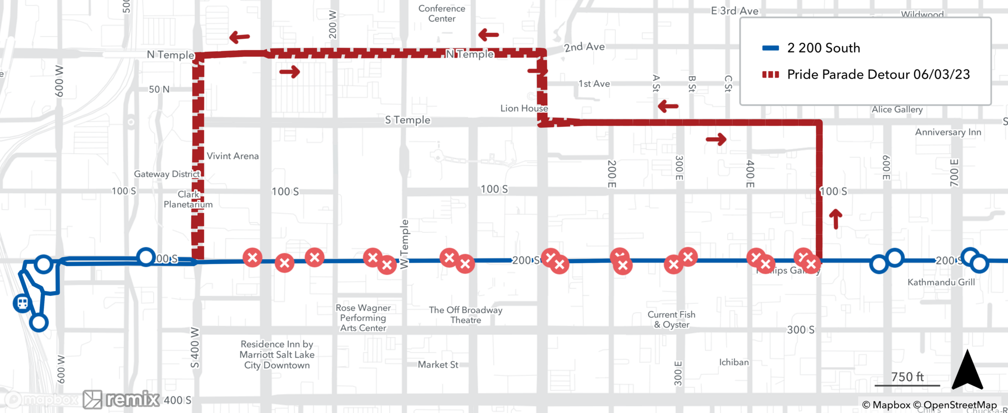 Route 2 Pride Parade Detour Map June 3rd, 2023