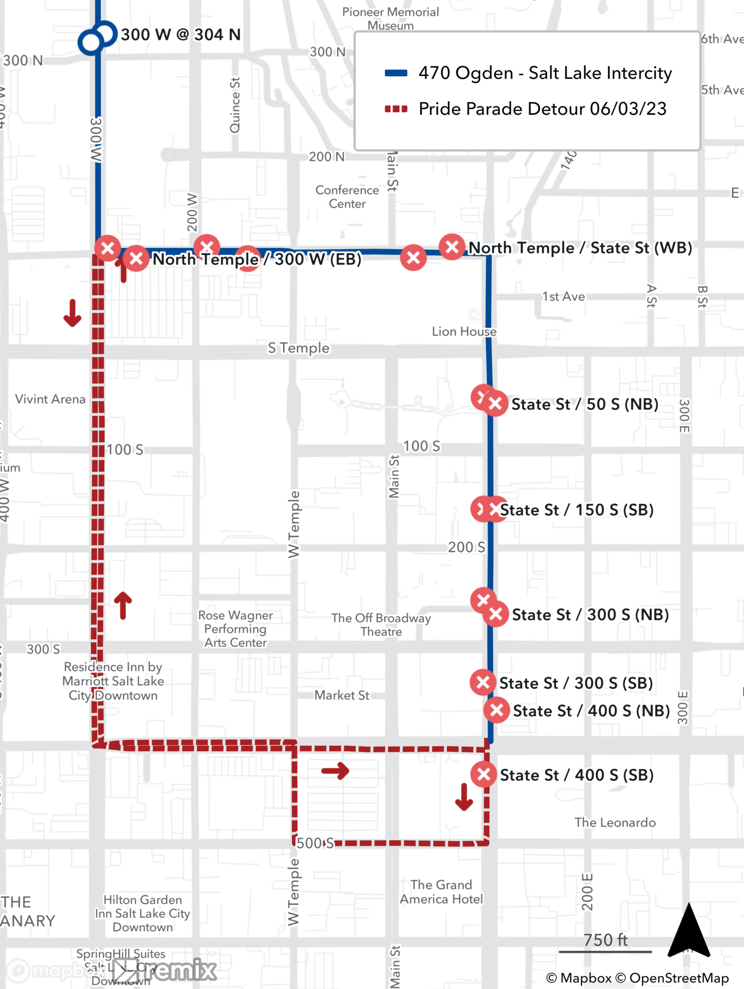 Route 470 Pride Parade Detour Map June 3rd, 2023