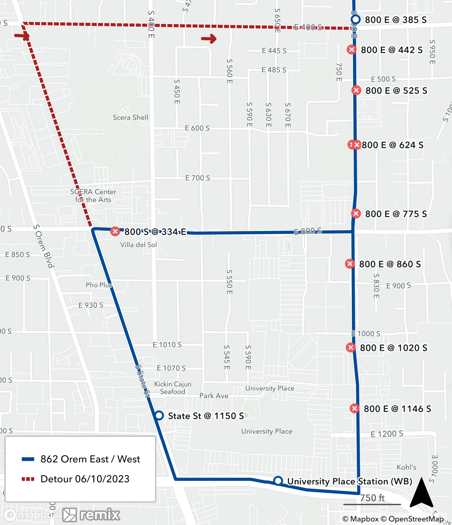 Route 862 Orem City Detour Map June 10th, 2023