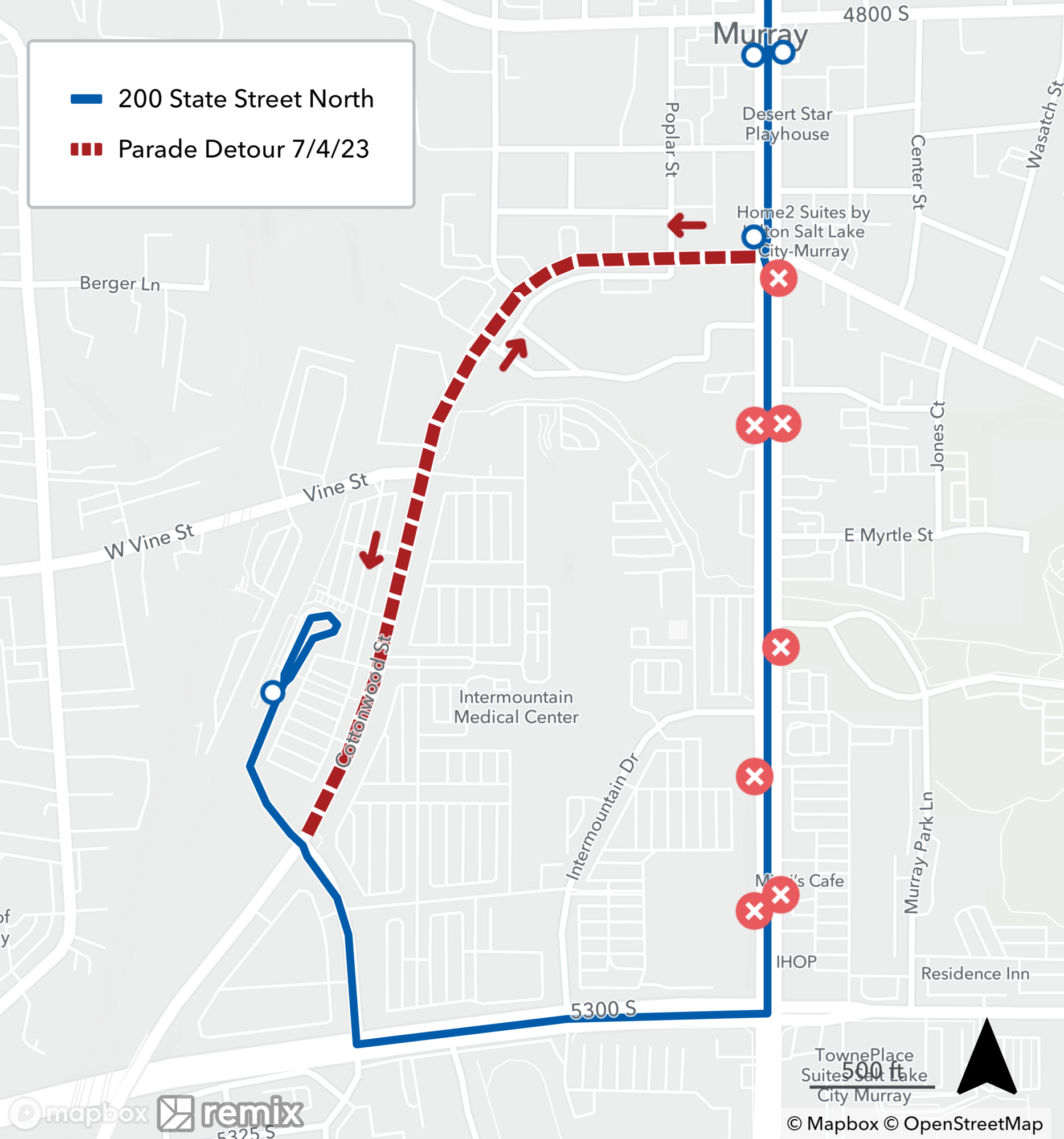Route 200 parade detour map 7/4/23
