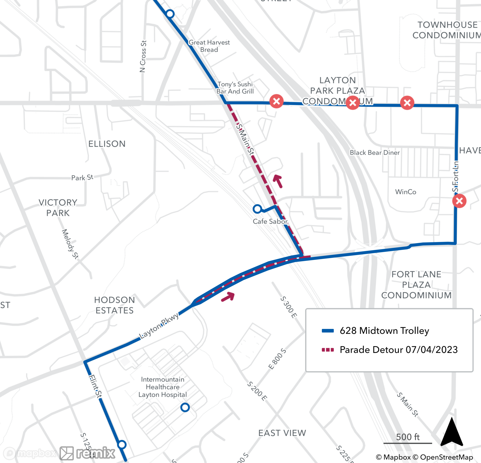 Route 628 parade detour map 7/4/23