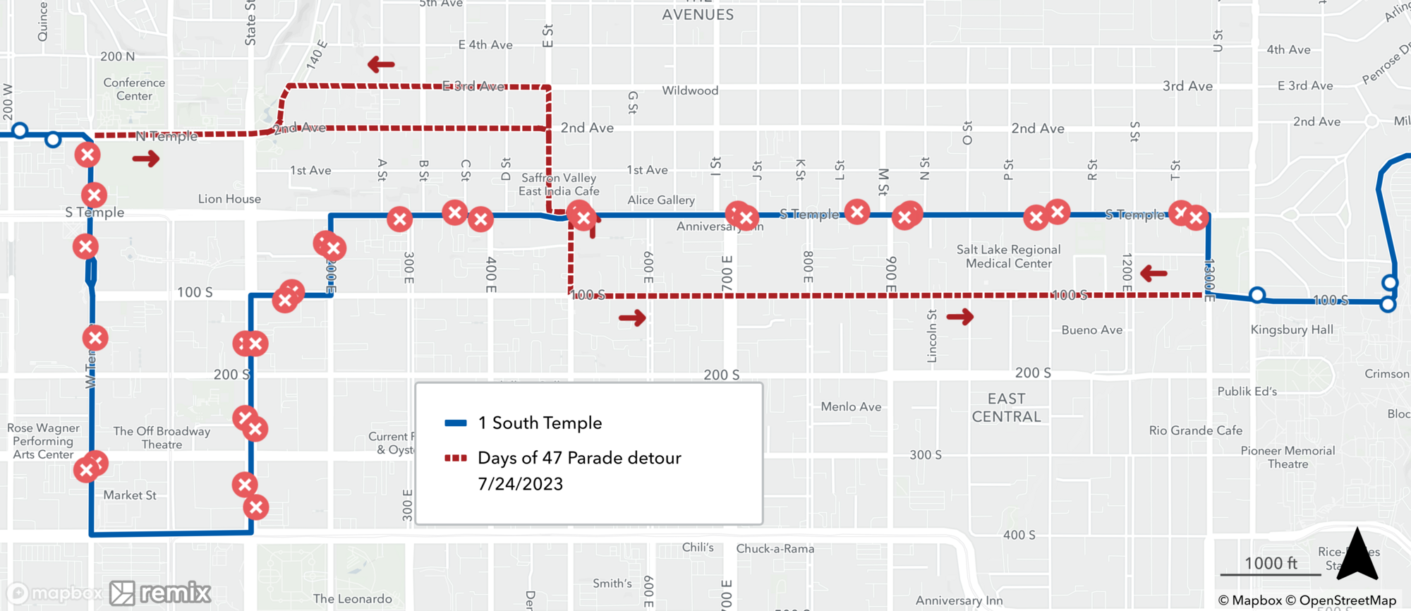 Route 1 Days of 47 Parade detour map 7/24/2023