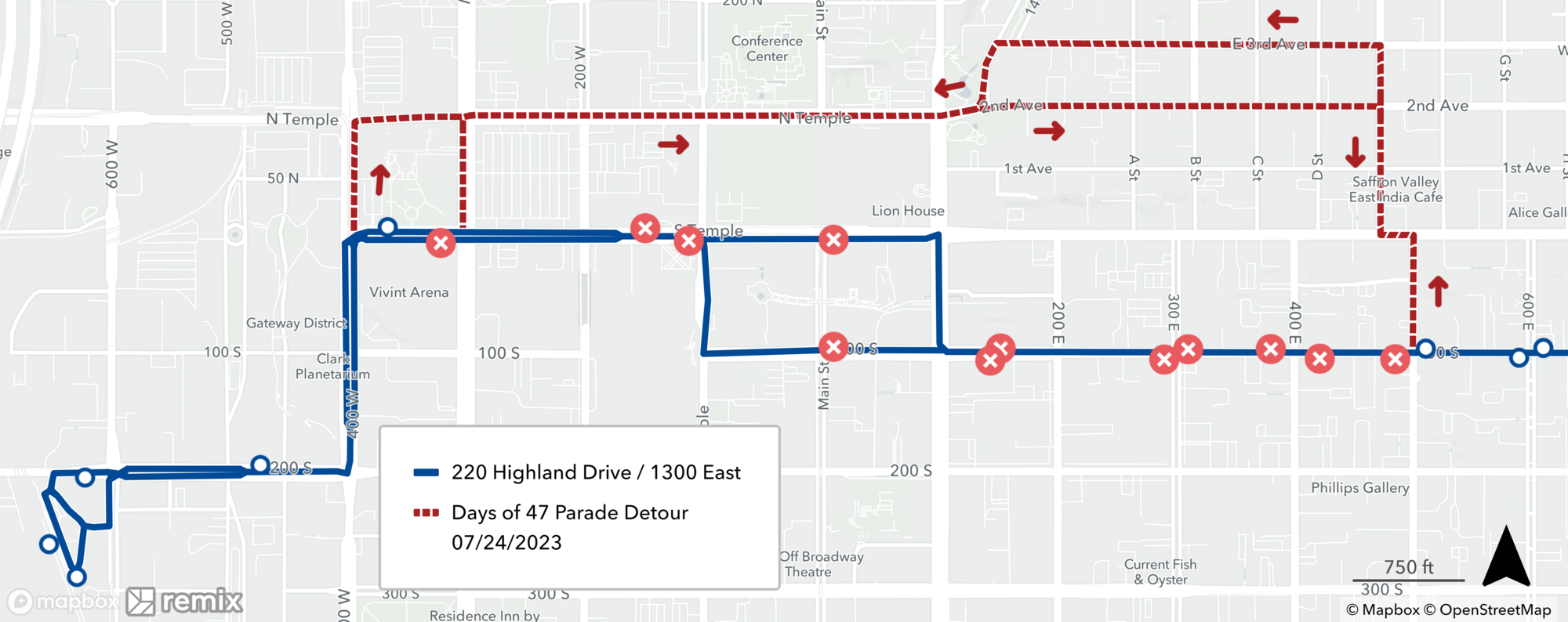 Route 220 Days of 47 Parade detour map 7/24/2023