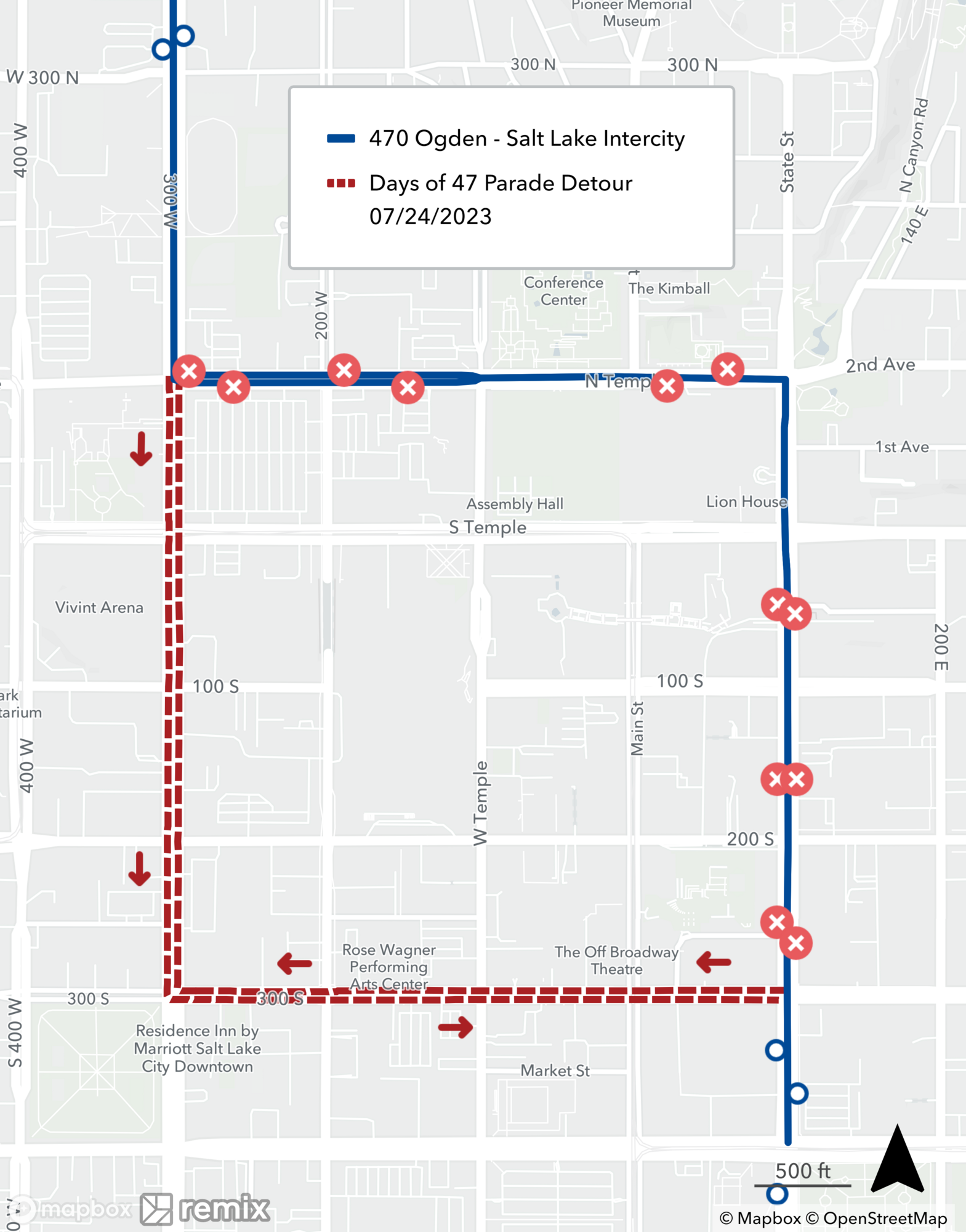 Route 470 Days of 47 Parade detour map 7/24/2023