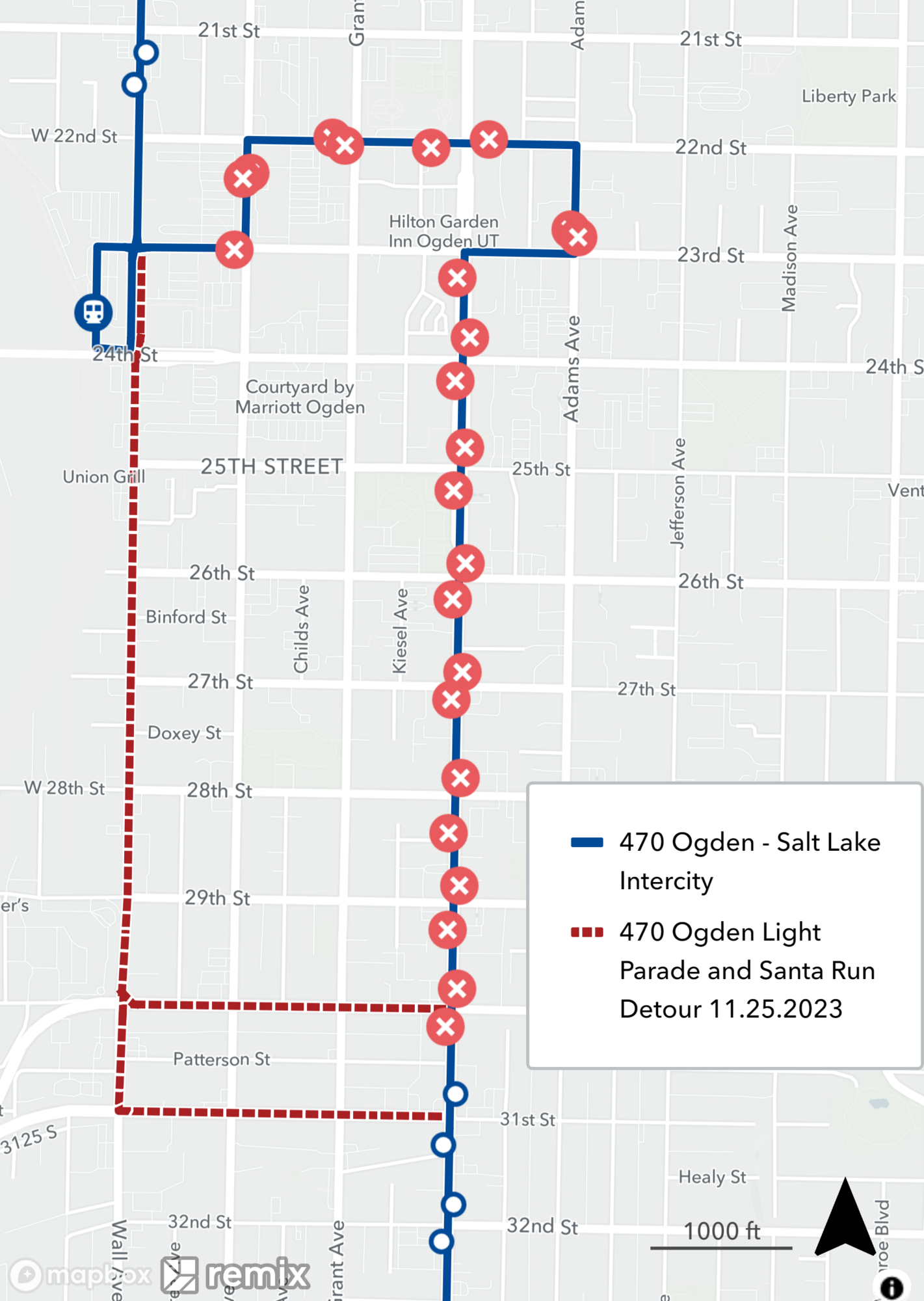 Route 470 Parade and Santa Run detour map November 25th 2023 
