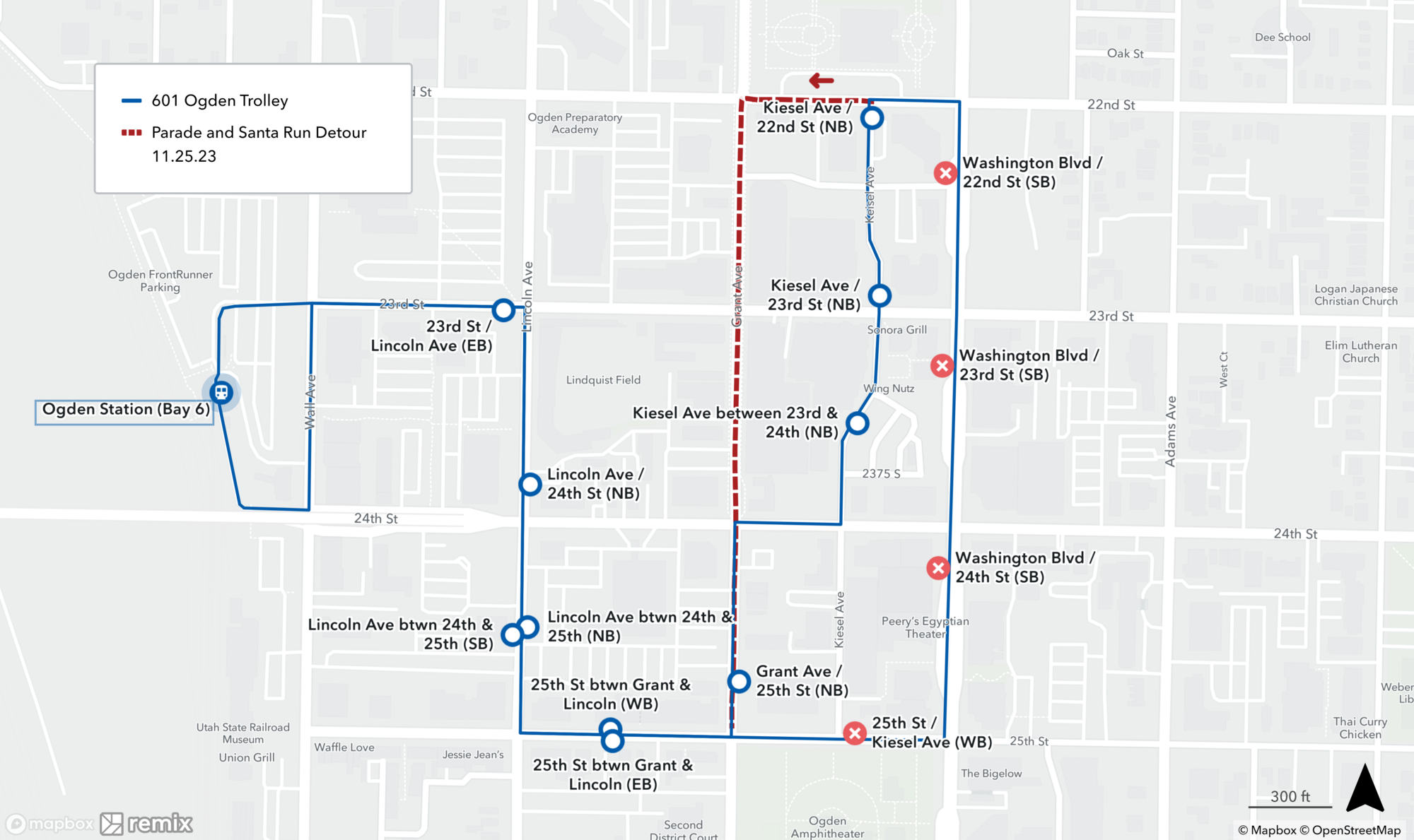 Route 601 parade and santa run detour map November 25th 2023