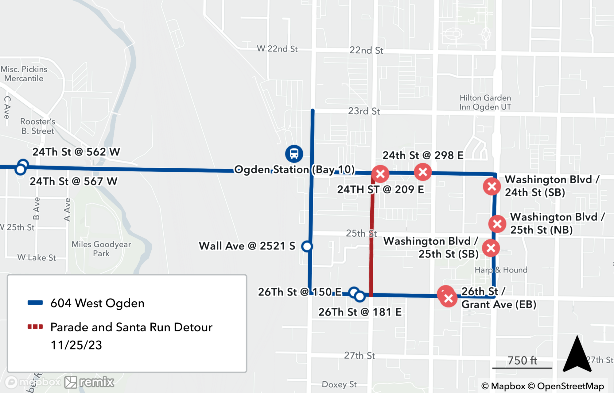 Route 604 parade and Santa run detour map November 25th 2023