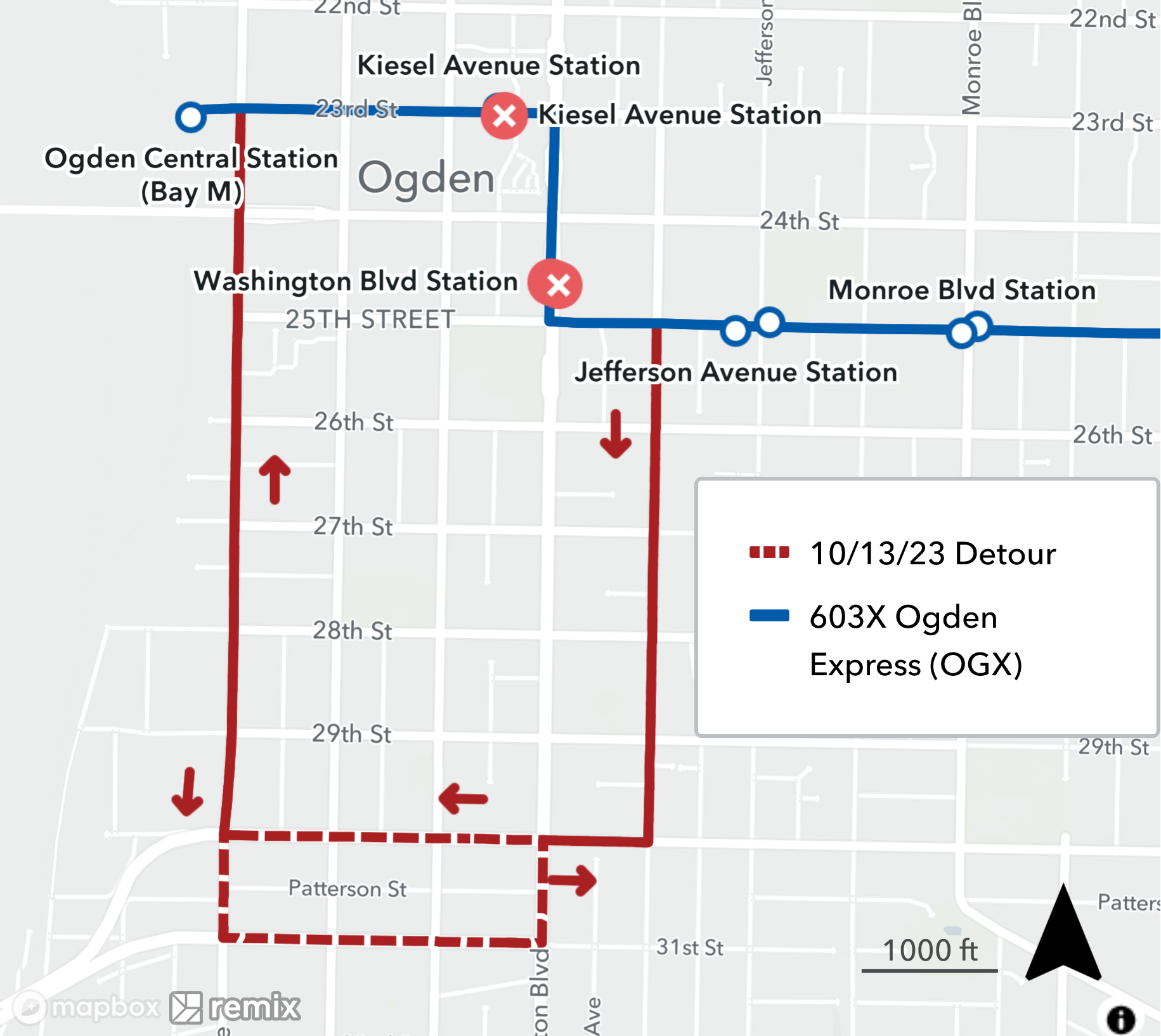 Route 603X parade and Santa Run detour map November 25th 2023