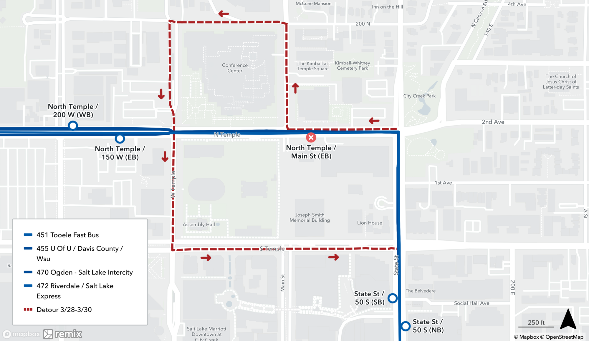 Routes 451, 455, 470, and 472 Detour Map 3/28-3/30