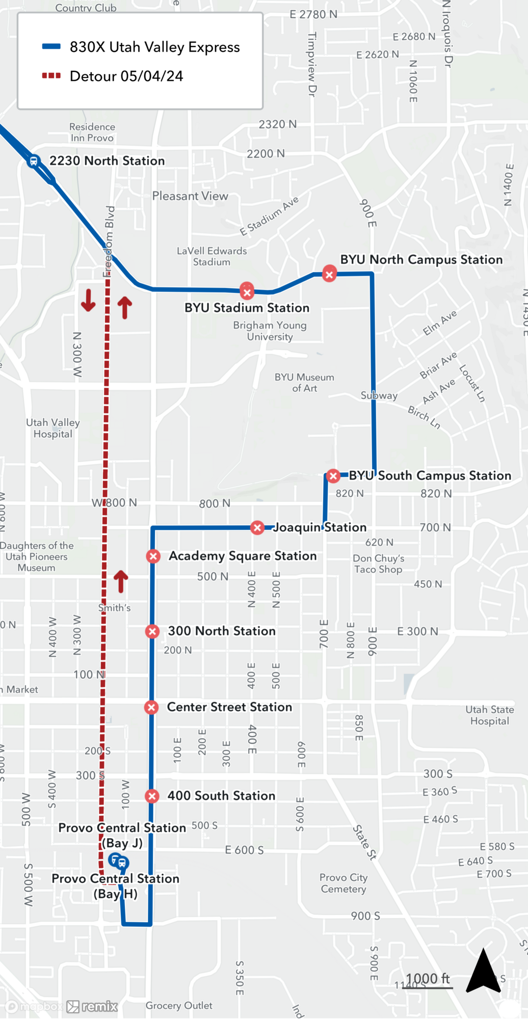Route UVX Detour Map May 4th 2024