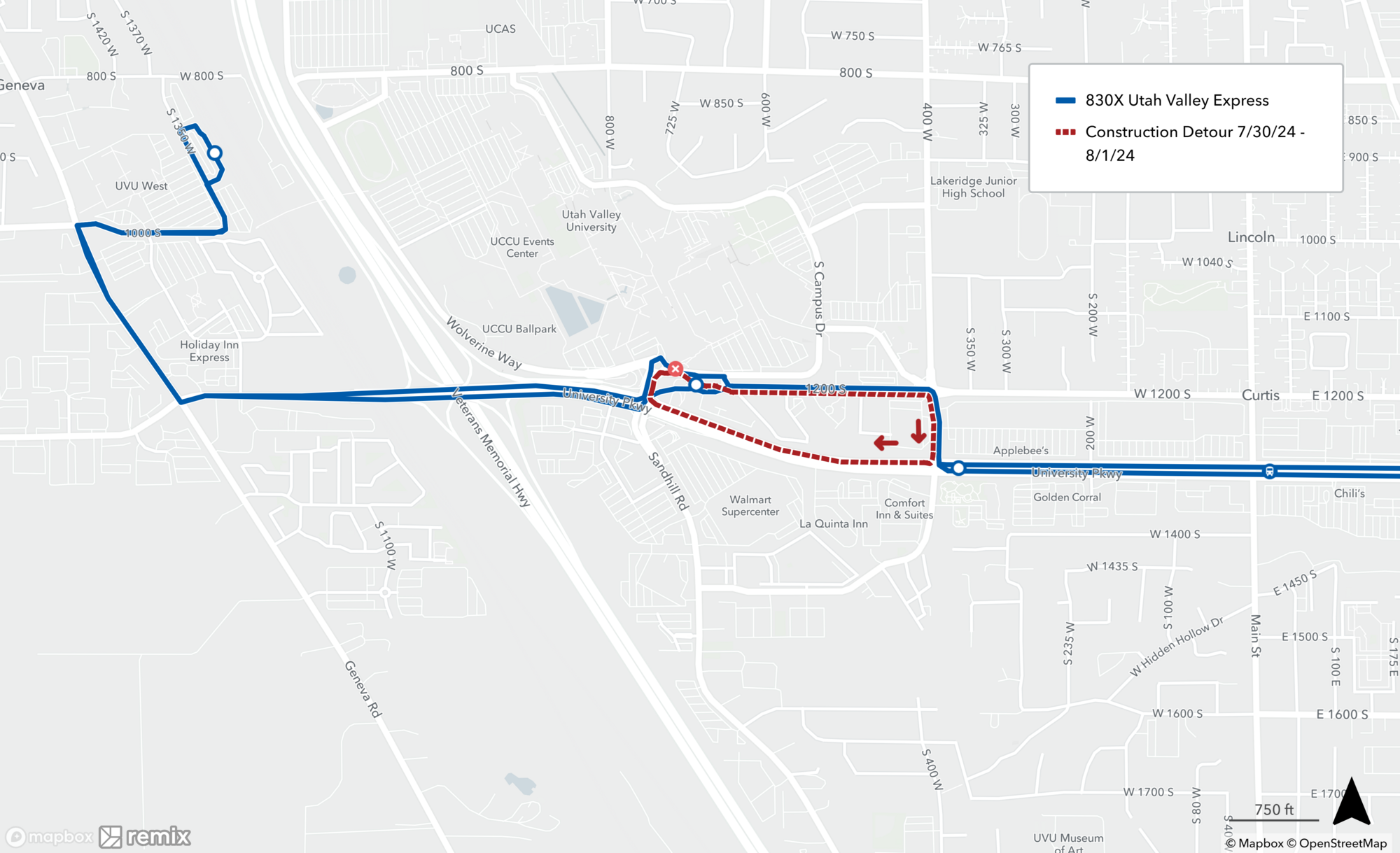 UVX Detour Map 7/30/24 - 8/1/24