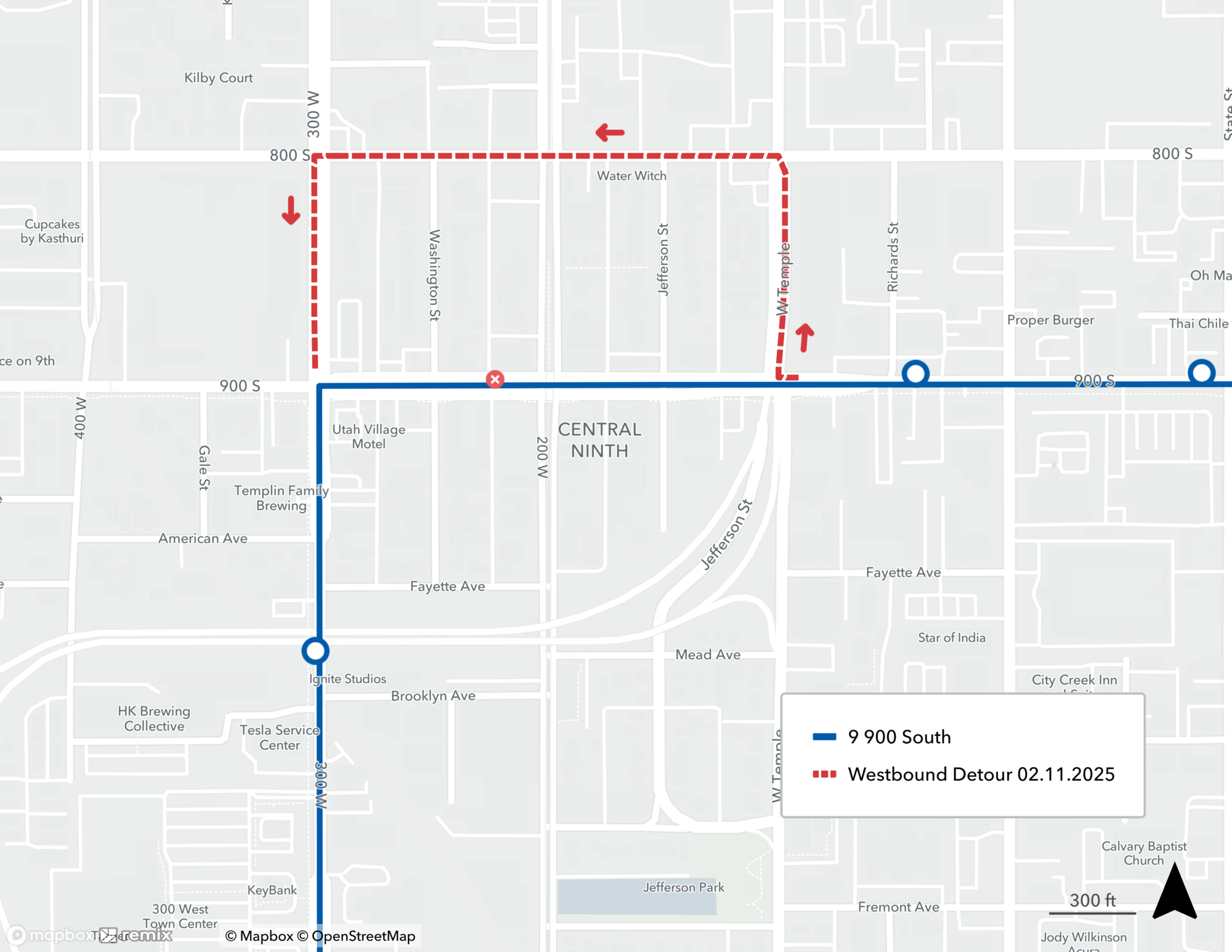 Route 9 Detour Map 2/11/25