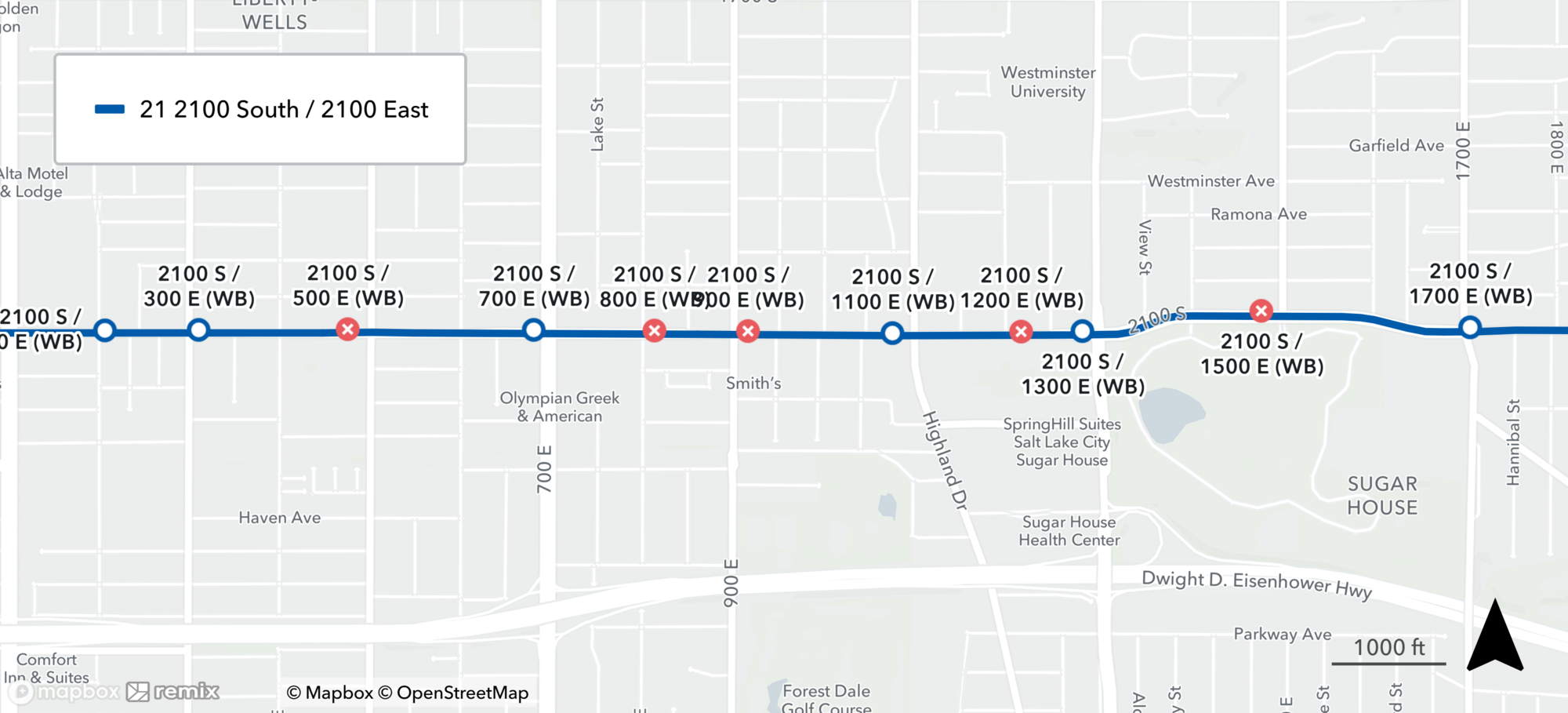 Route 21 Stop Closure Map 3/4/25