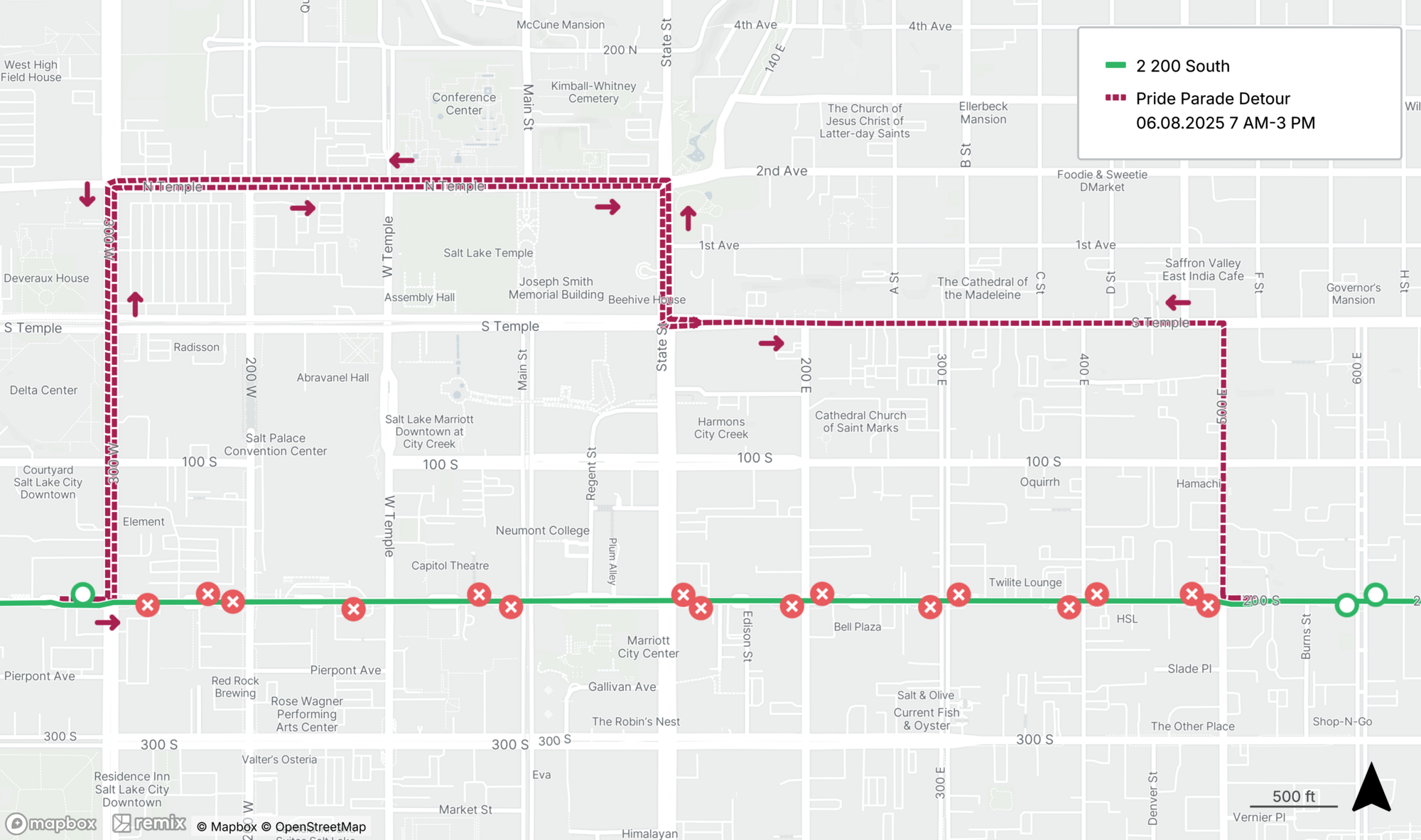 Route 2 Pride Parade Detour Map